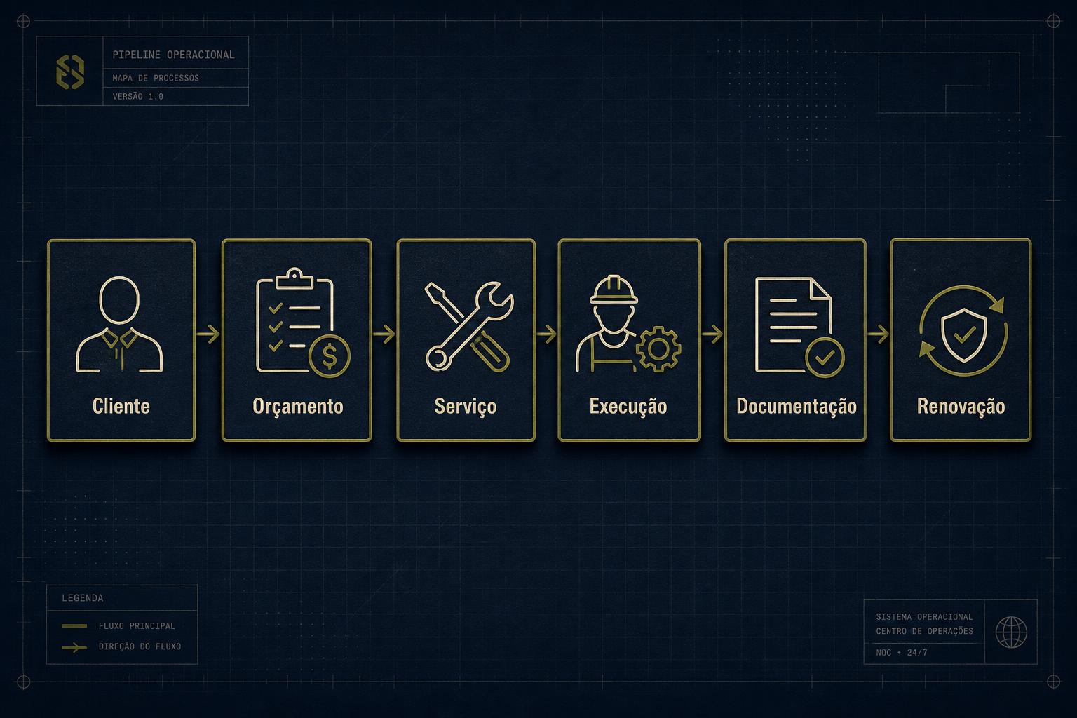 Fluxo do ARANY: cliente, orçamento, serviço, OS, estoque, documento, renovação